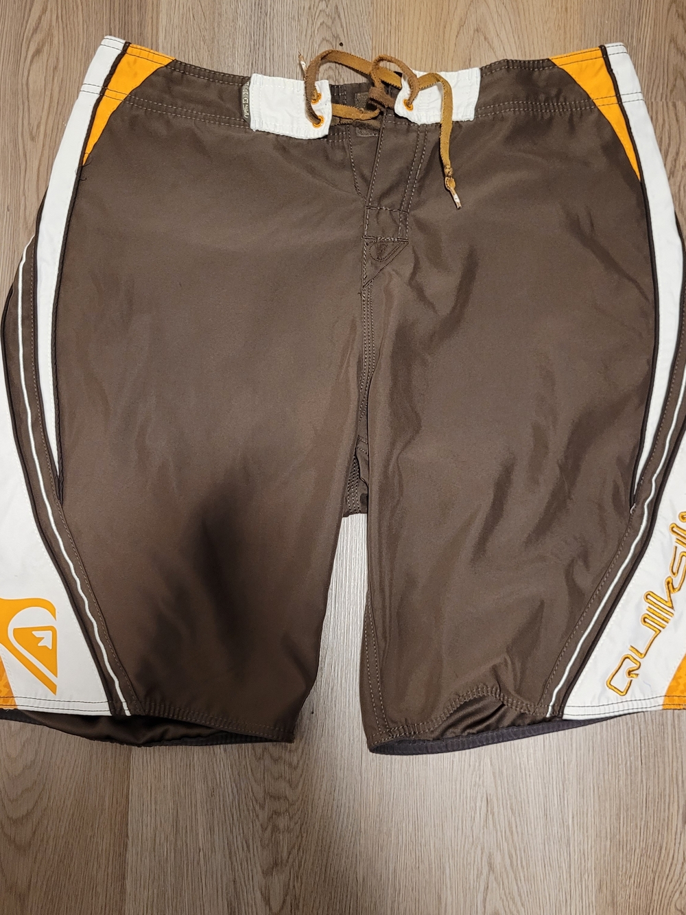 Quiksilver Men’s Brown & White Swim Trunks with Orange Accents